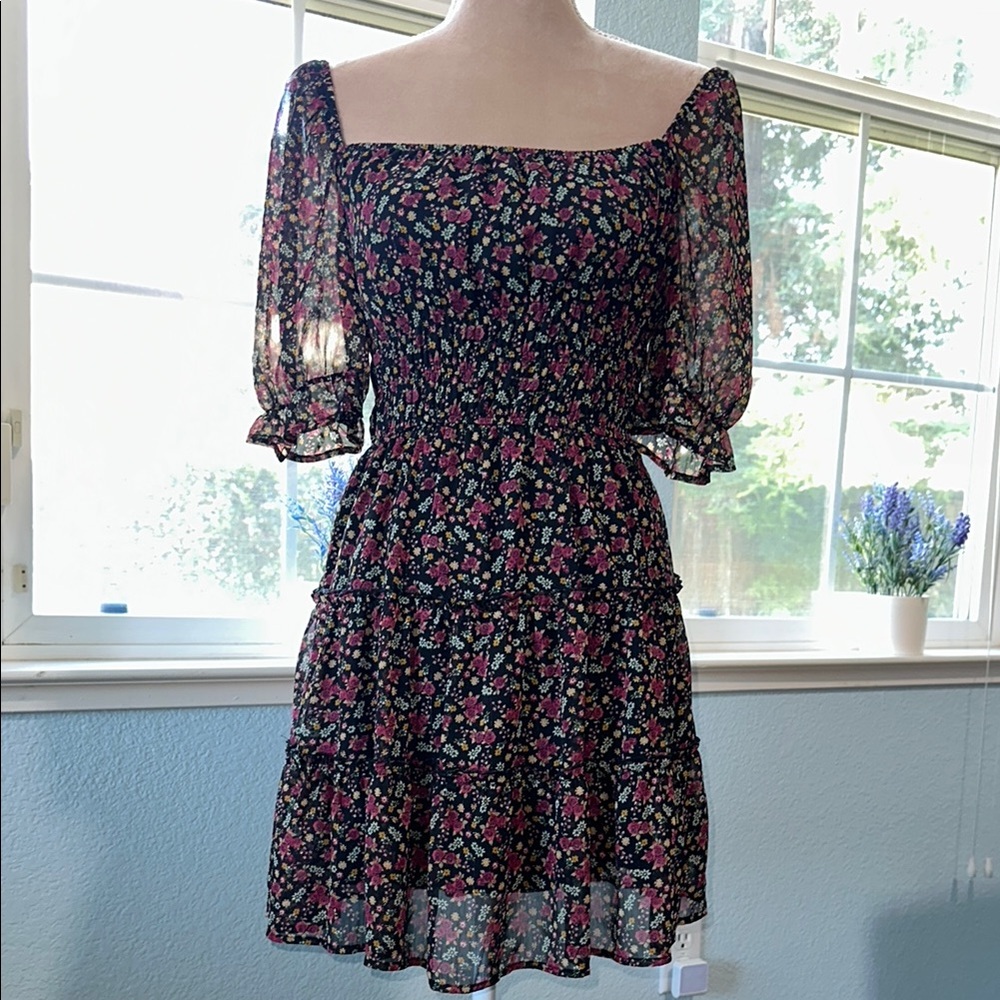 Black Puff Sleeve floral  Mini Dress